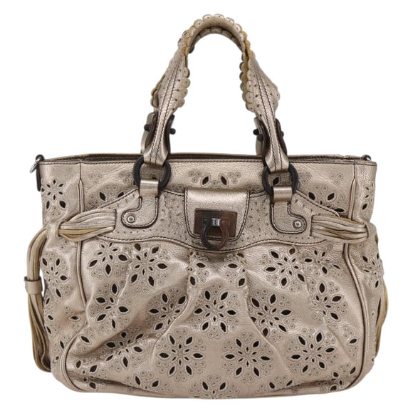 Salvatore Ferragamo Gancini Handtasche Leder Champagner Gold Silber Auth gh1771