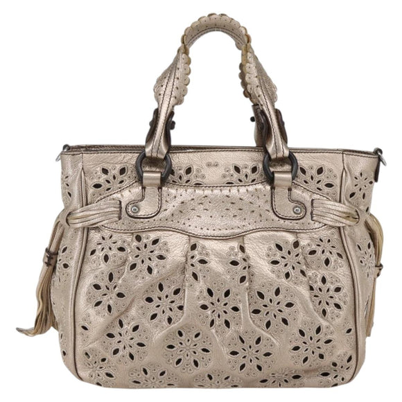 Salvatore Ferragamo Gancini Hand Bag Leather Champagne Gold Silver Auth gh1771
