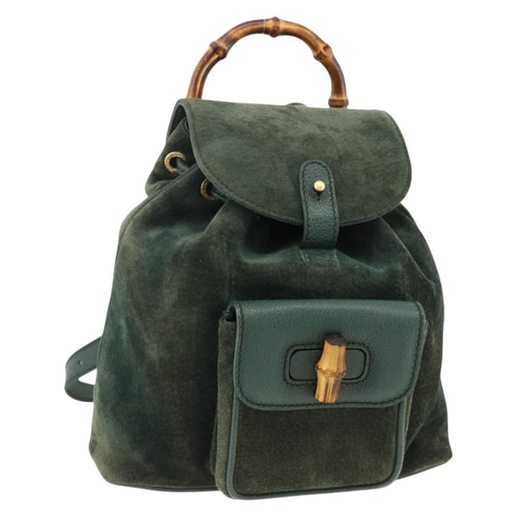 GUCCI Bamboo Backpack Suede Leather Green Gold Auth gh1772