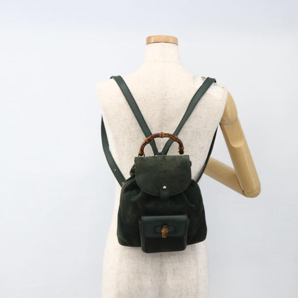 GUCCI Bamboo Backpack Suede Leather Green Gold Auth gh1772