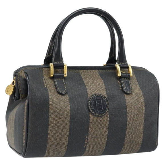 FENDI Pecan Canvas Mini Boston Bag PVC Black Brown gold Auth gh1773
