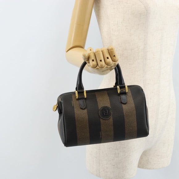 FENDI Pecan Canvas Mini Boston Bag PVC Black Brown gold Auth gh1773