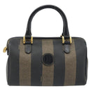 FENDI Pecan Canvas Mini Boston Bag PVC Black Brown gold Auth gh1773-13