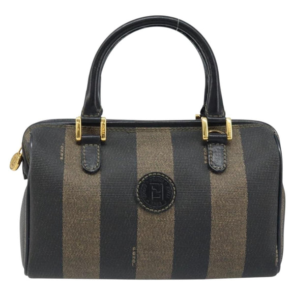 FENDI Pecan Canvas Mini Boston Bag PVC Black Brown gold Auth gh1773