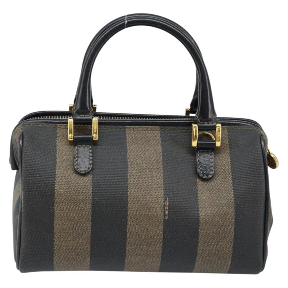 FENDI Pecan Canvas Mini Boston Bag PVC Black Brown gold Auth gh1773