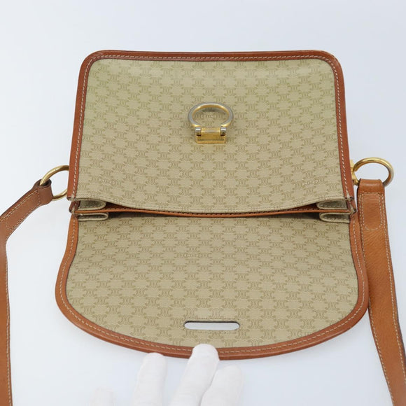 CELINE Macadam Canvas Shoulder Bag PVC Leather Beige Gold Auth gh1779