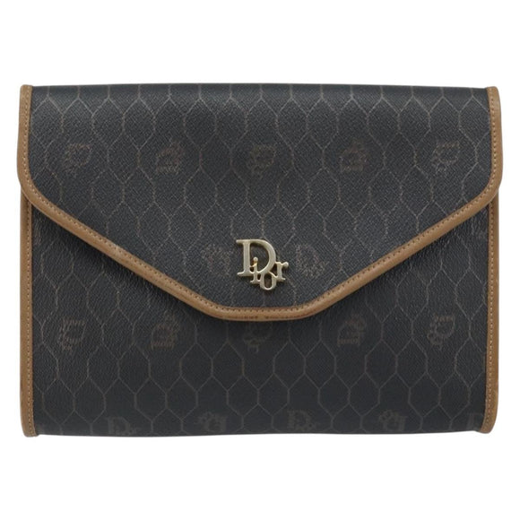 Christian Dior Honeycomb Canvas Chain Shoulder Bag PVC Black Gold Auth gh1780