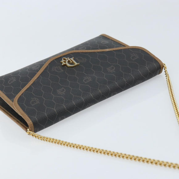 Christian Dior Honeycomb Canvas Chain Shoulder Bag PVC Black Gold Auth gh1780