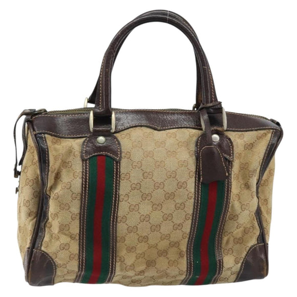 GUCCI GG Canvas Web Sherry Line Boston Bag Beige Gold Red Auth gh1789