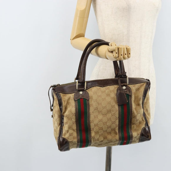 GUCCI GG Canvas Web Sherry Line Boston Bag Beige Gold Red Auth gh1789