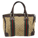 GUCCI GG Canvas Web Sherry Line Boston Bag Beige Gold Red Auth gh1789-3