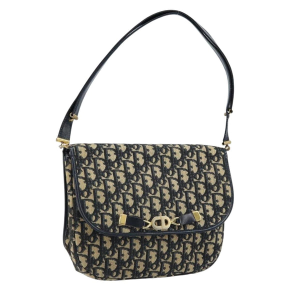 Christian Dior Trotter Canvas Shoulder Bag Navy Gold Auth gh1790