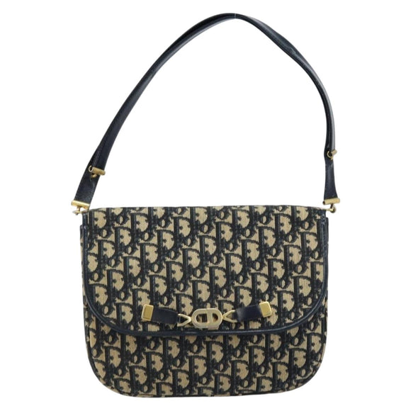 Christian Dior Trotter Canvas Shoulder Bag Navy Gold Auth gh1790