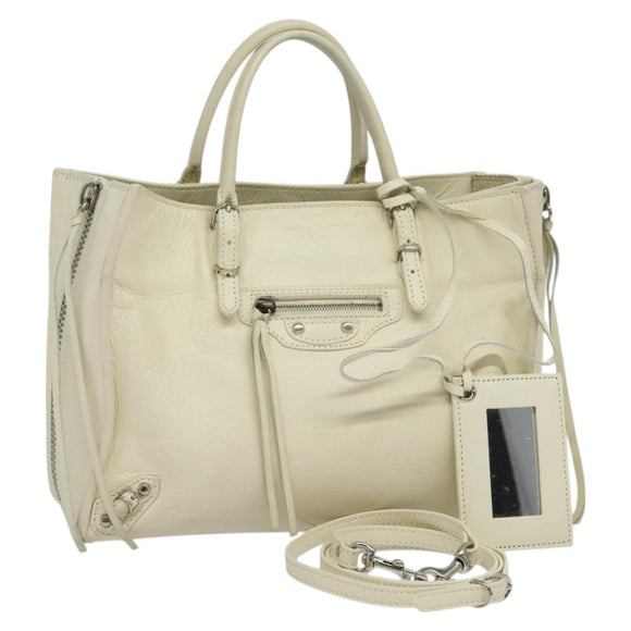 BALENCIAGA Paper mini Hand Bag Leather 2way White Silver 370926 Auth gh180