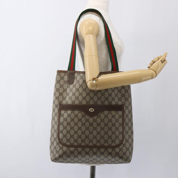 GUCCI GG Supreme Web Sherry Line Tote Bag PVC Beige Gold Auth gh1816