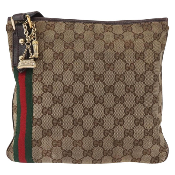 GUCCI GG Canvas Web Sherry Line Shoulder Bag Beige Gold Red 144388 Auth gh1840