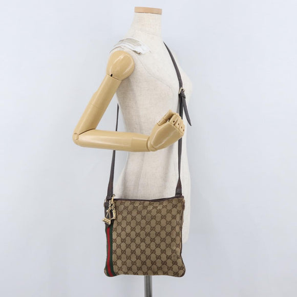 GUCCI GG Canvas Web Sherry Line Shoulder Bag Beige Gold Red 144388 Auth gh1840