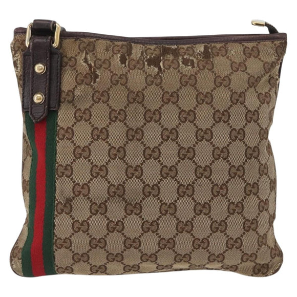 GUCCI GG Canvas Web Sherry Line Shoulder Bag Beige Gold Red 144388 Auth gh1840