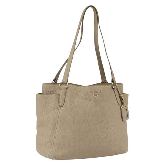 PRADA Tote Bag Leather Beige Gold Auth gh1849