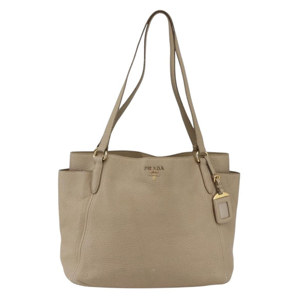PRADA Tote Bag Leather Beige Gold Auth gh1849