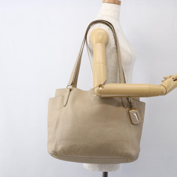 PRADA Tote Bag Leather Beige Gold Auth gh1849