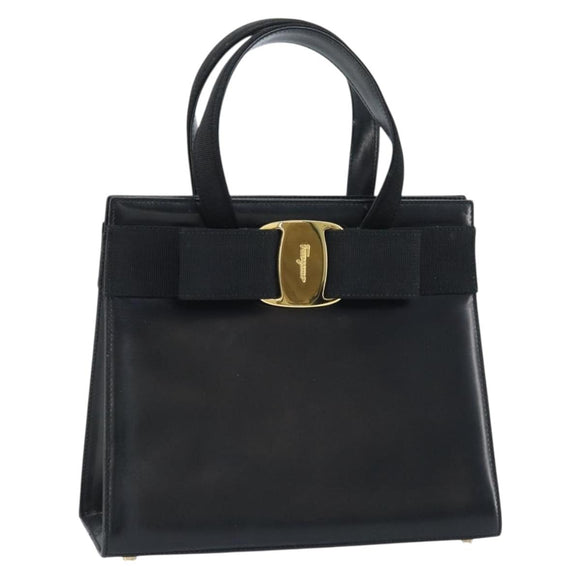 Salvatore Ferragamo Vala Hand Bag Leather Black Gold Auth gh1876