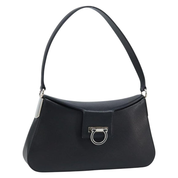 Salvatore Ferragamo Gancini Shoulder Bag Leather Black Silver Auth gh1877