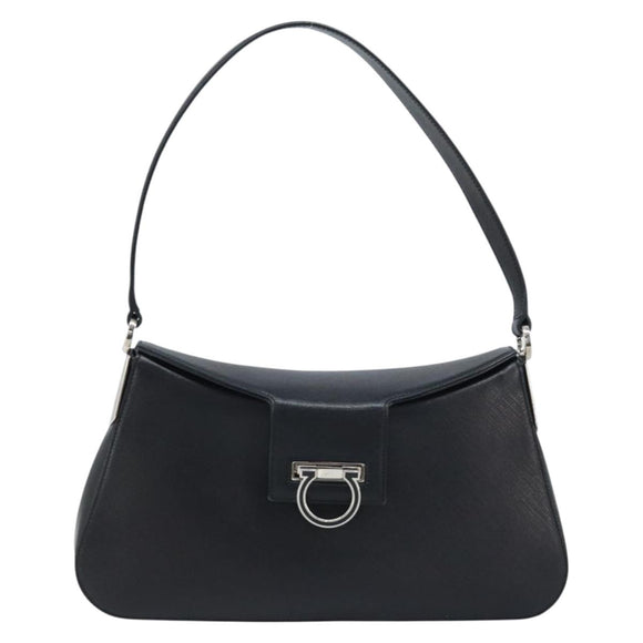 Salvatore Ferragamo Gancini Shoulder Bag Leather Black Silver Auth gh1877