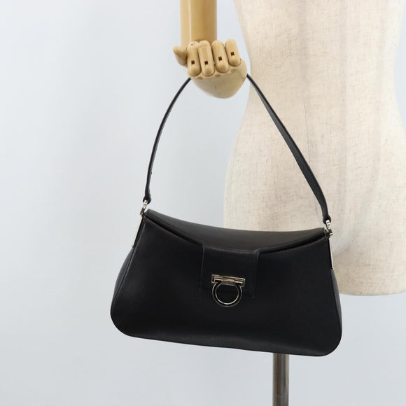 Salvatore Ferragamo Gancini Shoulder Bag Leather Black Silver Auth gh1877