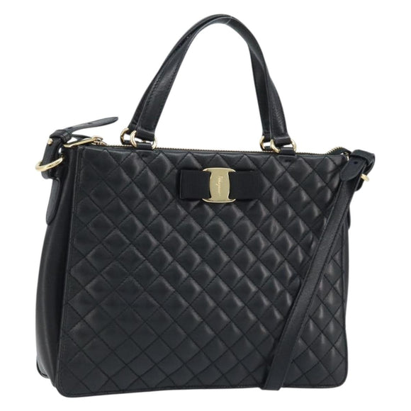 Salvatore Ferragamo Vala Hand Bag Leather 2way Black Gold Auth gh1879