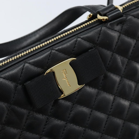 Salvatore Ferragamo Vala Hand Bag Leather 2way Black Gold Auth gh1879
