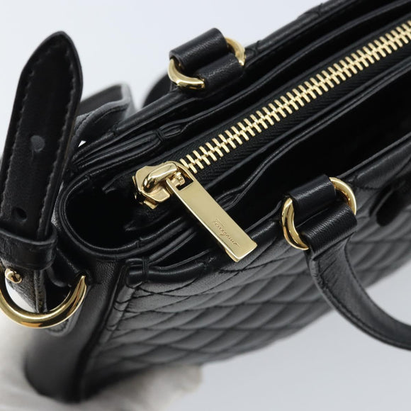 Salvatore Ferragamo Vala Hand Bag Leather 2way Black Gold Auth gh1879