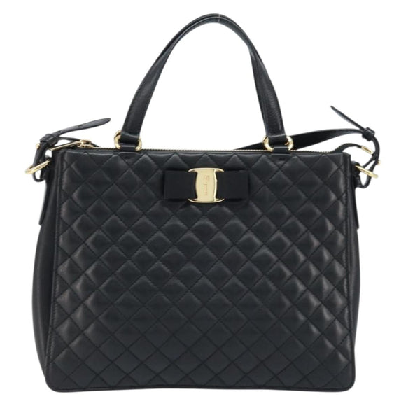 Salvatore Ferragamo Vala Hand Bag Leather 2way Black Gold Auth gh1879