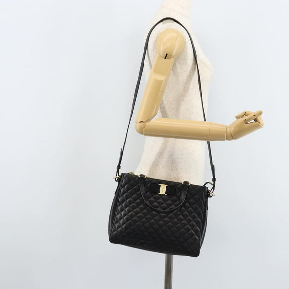 Salvatore Ferragamo Vala Hand Bag Leather 2way Black Gold Auth gh1879