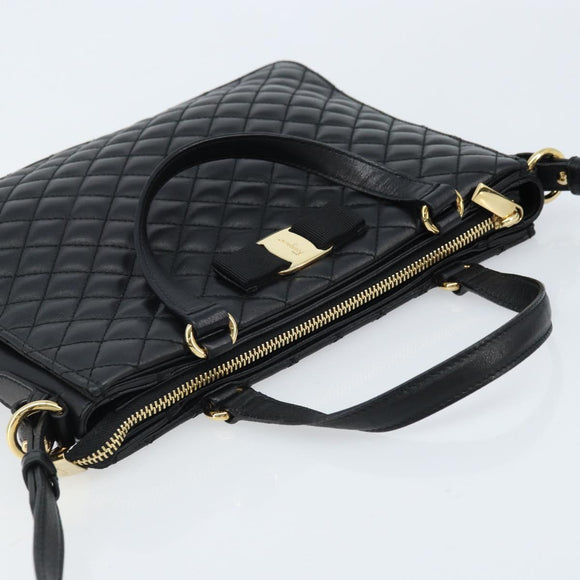 Salvatore Ferragamo Vala Hand Bag Leather 2way Black Gold Auth gh1879