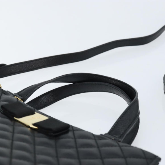 Salvatore Ferragamo Vala Hand Bag Leather 2way Black Gold Auth gh1879