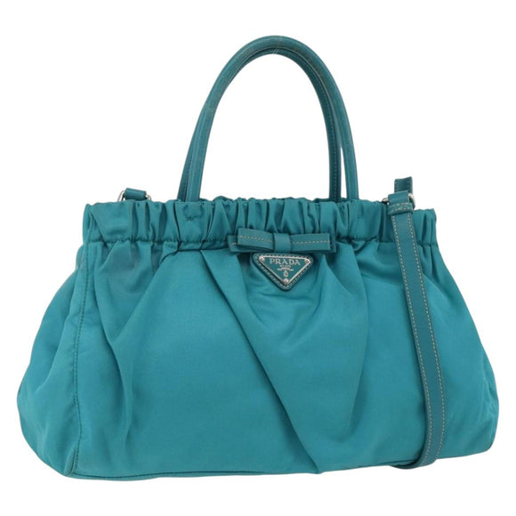 PRADA Hand Bag Nylon 2way Turquoise Blue Silver Auth gh1880A