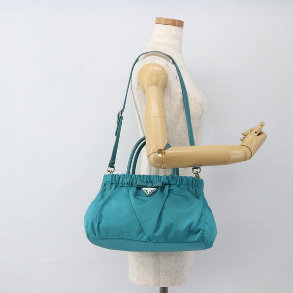 PRADA Hand Bag Nylon 2way Turquoise Blue Silver Auth gh1880A