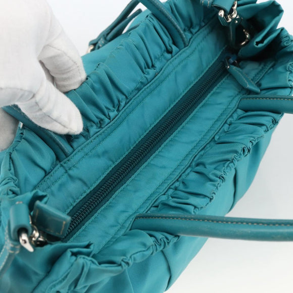 PRADA Hand Bag Nylon 2way Turquoise Blue Silver Auth gh1880A