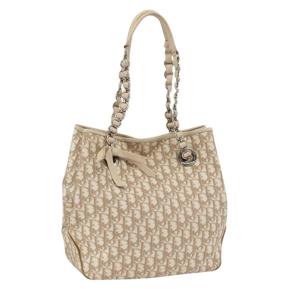 Christian Dior Trotter Canvas Chain Romantic Bag PVC Beige Silver Auth gh1907