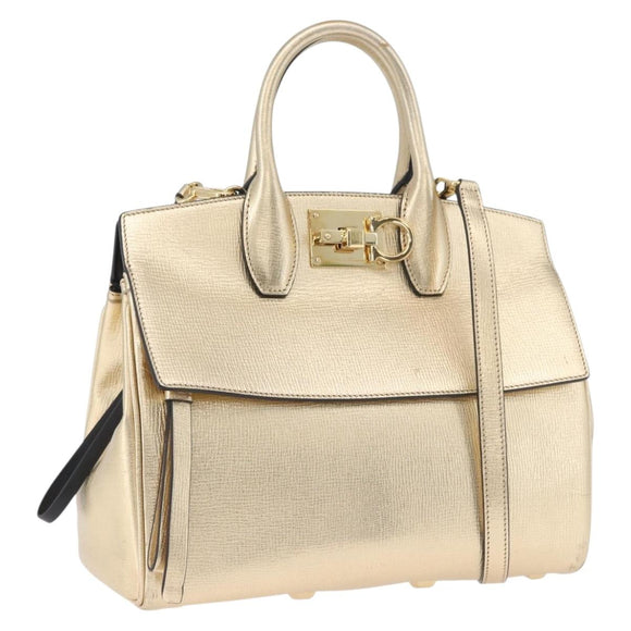 Salvatore Ferragamo Gancini Handtasche Leder 2-Wege Gold Auth gh1909A