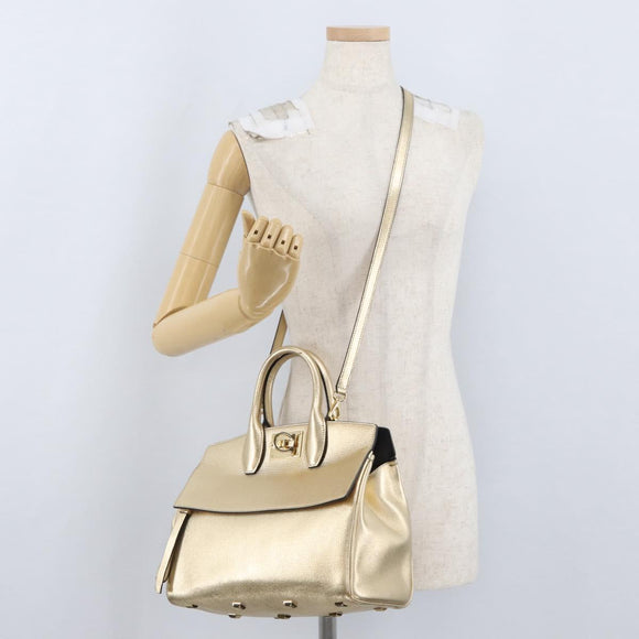 Salvatore Ferragamo Gancini Handtasche Leder 2-Wege Gold Auth gh1909A