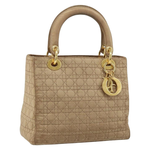 Christian Dior Lady Dior Canage Hand Bag Nylon Beige Gold Auth gh1911