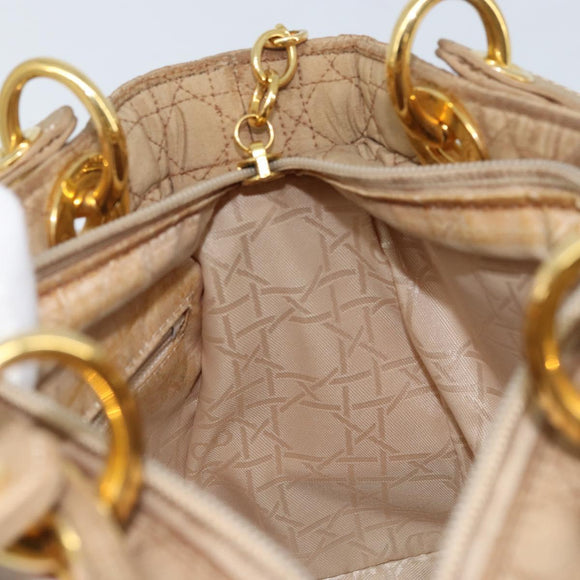 Christian Dior Lady Dior Canage Hand Bag Nylon Beige Gold Auth gh1911
