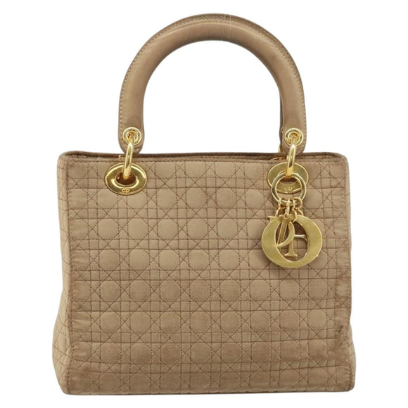 Christian Dior Lady Dior Canage Hand Bag Nylon Beige Gold Auth gh1911