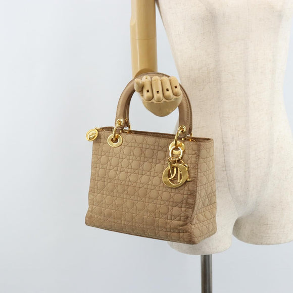 Christian Dior Lady Dior Canage Hand Bag Nylon Beige Gold Auth gh1911