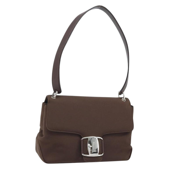 Salvatore Ferragamo Vala Shoulder Bag Nylon Brown Silver Auth gh1918
