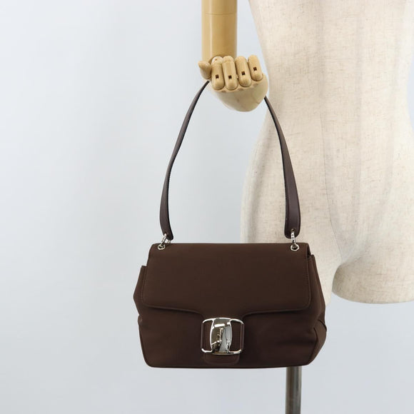 Salvatore Ferragamo Vala Shoulder Bag Nylon Brown Silver Auth gh1918