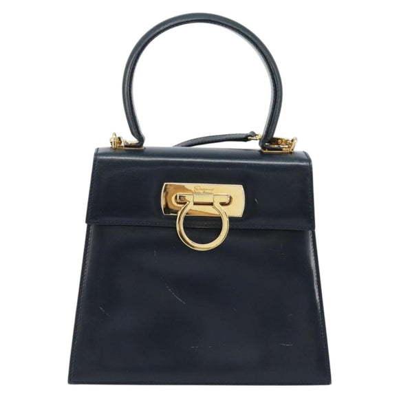Salvatore Ferragamo Gancini Hand Bag Leather 2way Navy Gold Auth gh1925