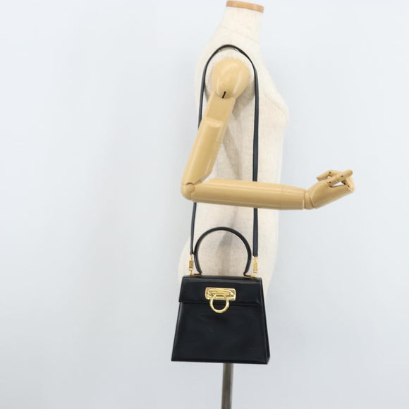 Salvatore Ferragamo Gancini Hand Bag Leather 2way Navy Gold Auth gh1925